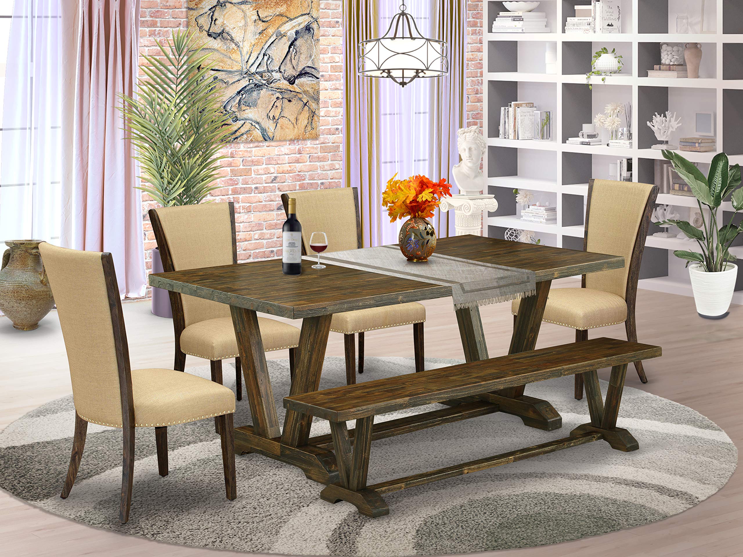 East West Furniture V777VE703-6 V-Style 6 Piece Set Contains a Rectangle Dining Room Table with V-Legs and 4 Brown Linen Fabric Parson Chairs with a Bench, 40x72 Inch